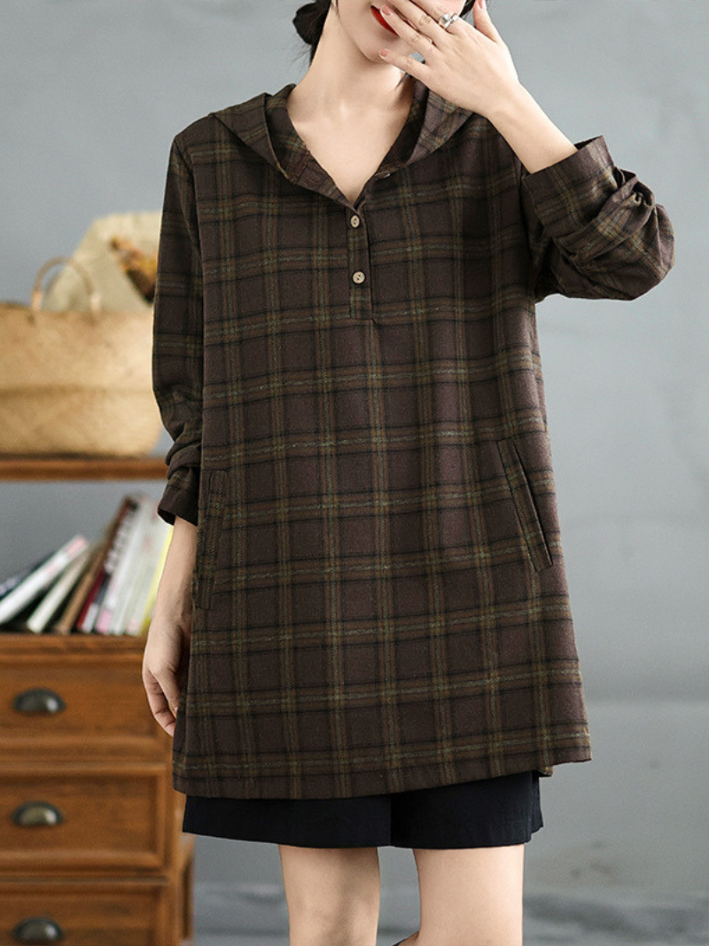 Look à la mode des femmes Plaid Hooded Loose Mid-Long Tops Shirts