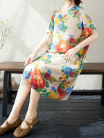 Floral Relaxed Shift Linen Dress in Airy Cotton Linen Blend