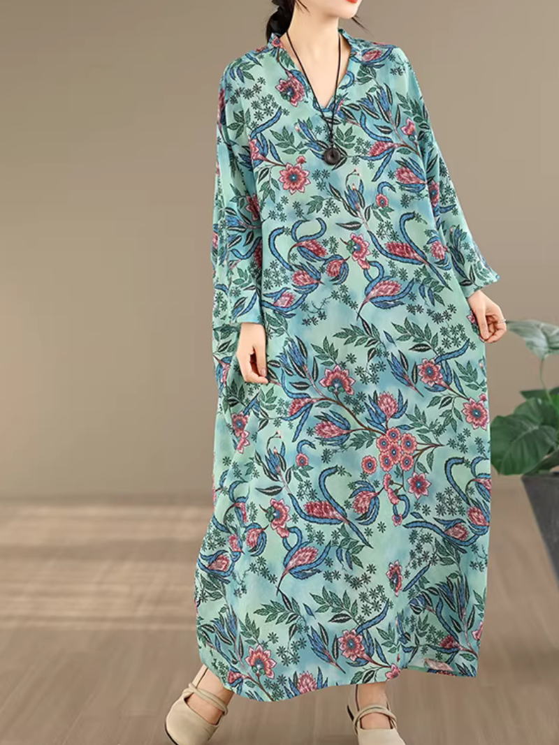 Botanical Print Viscose Kaftan Maxi Dress with Relaxed Elegance Silhouette