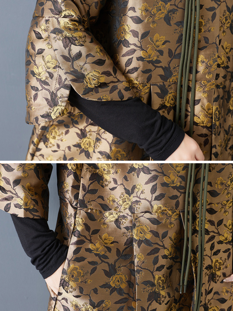 Lustrous Jacquard Satin Floral Cape Jacket with Mandarin Collar Elegance