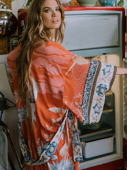 Partywear Floral Print Long Length Orange Color Cotton Gown Robe Kimono