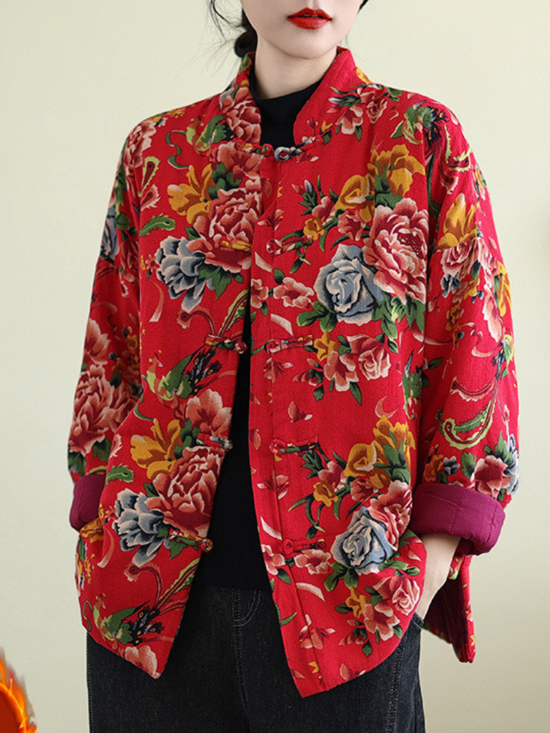 Mandarin-Collar Floral Jacket in Cotton&Flax, Elegant Heritage Layer for Evenings