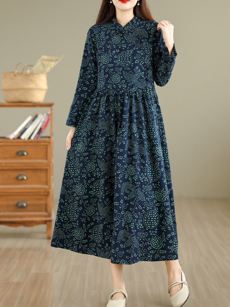 Artisanal Print Cotton Maxi Dress with Mandarin Collar and Long Sleeves