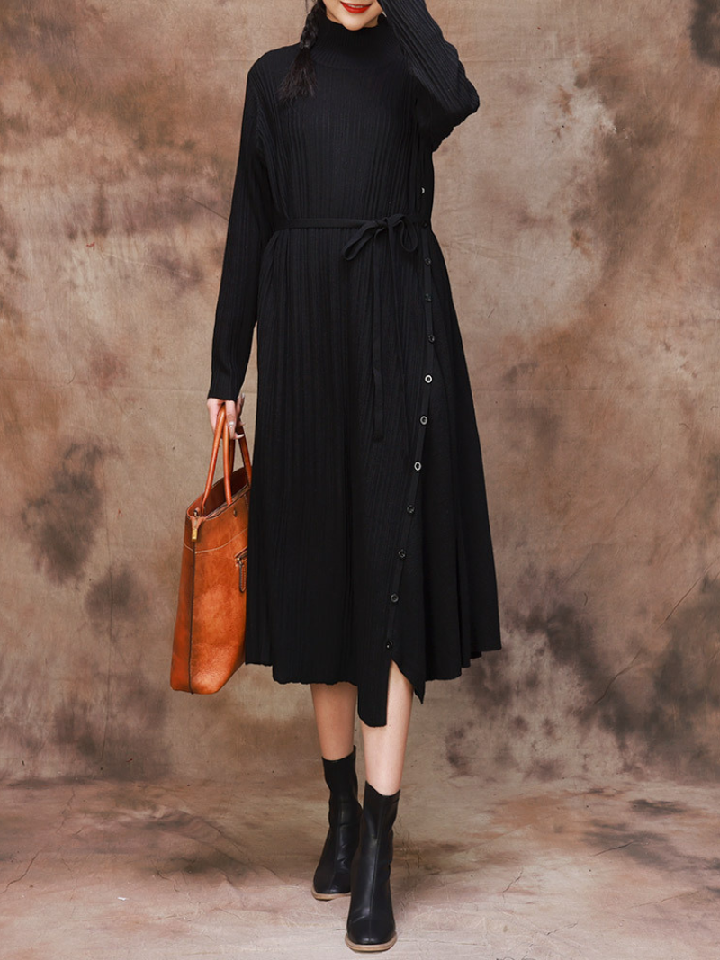 Women black A-Line Dress with Belt 