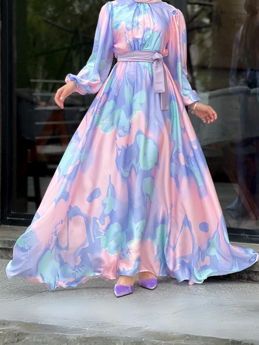 Elegante vestido de tobillo para mujeres Cinturón impreso A-Line Skirt Style Abaya