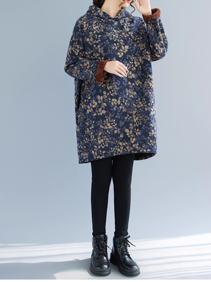 Oversized Floral Cotton Hoodie Dress, Cozy Hooded Tunic for Effortless Elegance