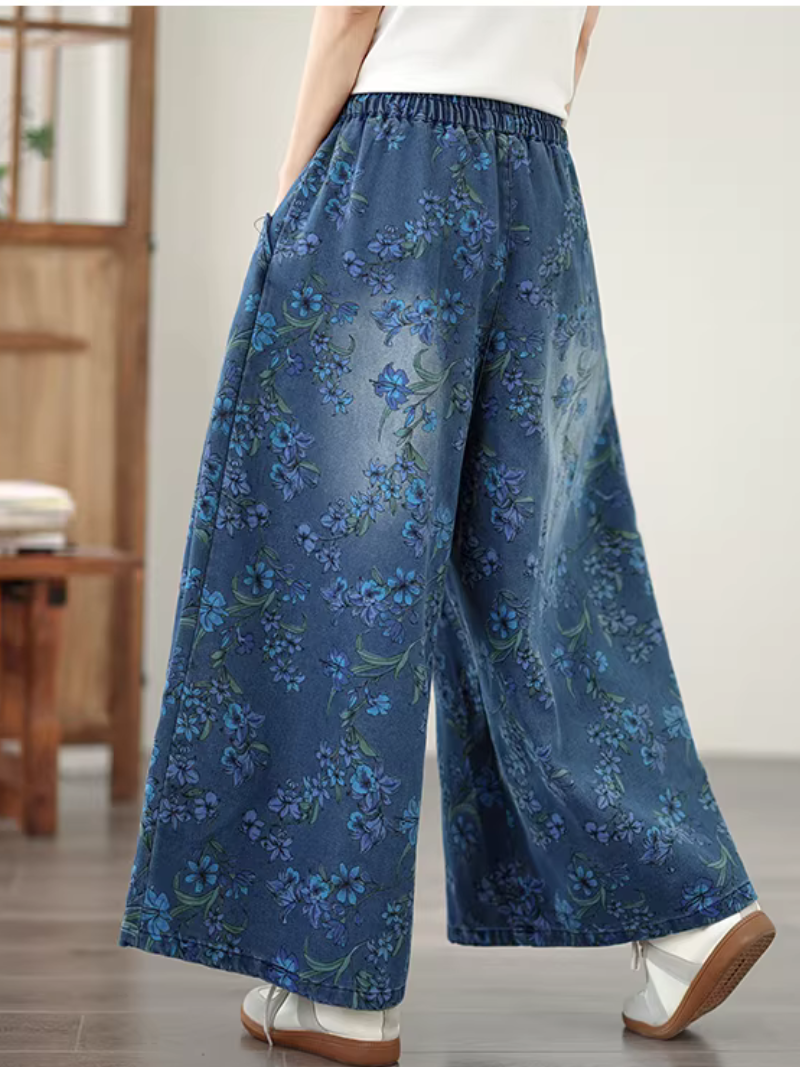 Floral Denim Cotton Wide-Leg Palazzo Pants with Drawstring Waist, Effortless Chic