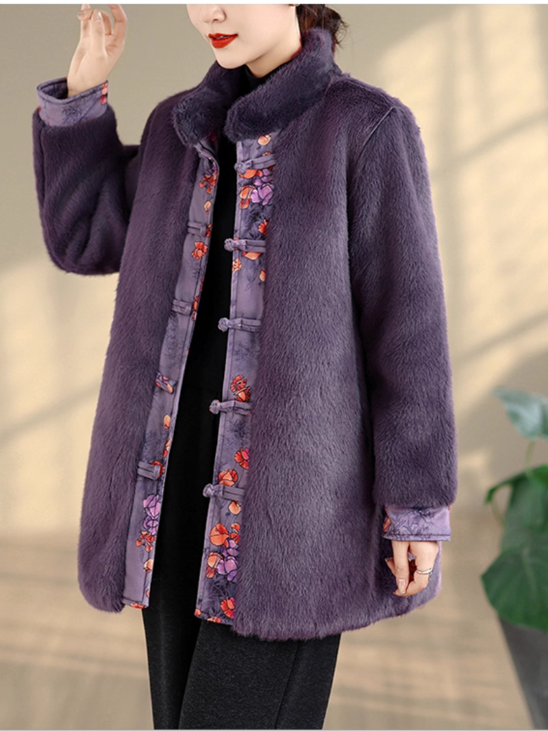 Elegant Mandarin-Collar Faux Fur Winter Coat in Imitation Mink Velvet