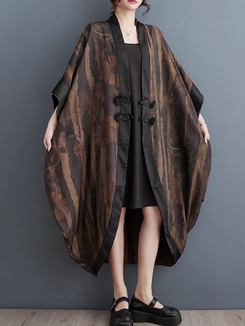 Artisanal Kimono Coat with Frog Closures, Oversized Cocoon Silhouette, Elegant Draped Layers