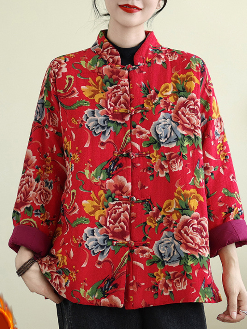 Mandarin-Collar Floral Jacket in Cotton&Flax, Elegant Heritage Layer for Evenings