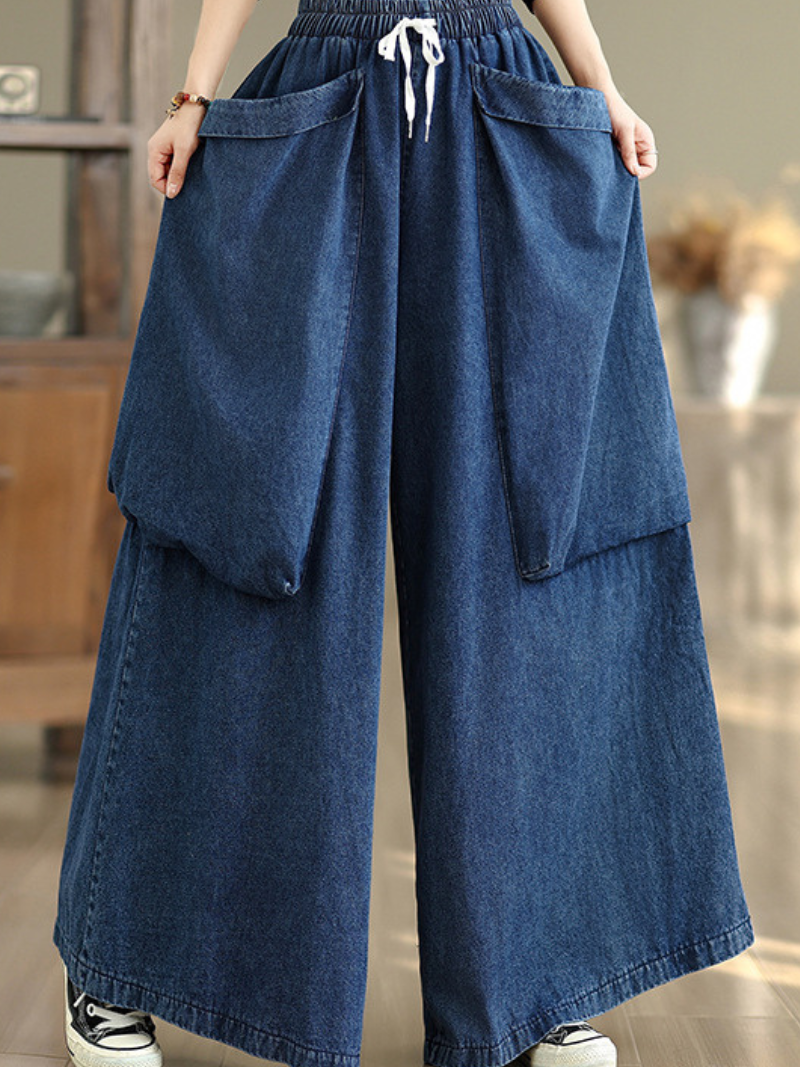 Artful Palazzo Wide-Leg Jeans in Relaxed Denim Cotton with Drawstring