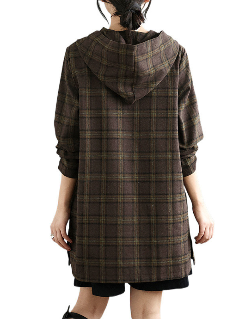 Look à la mode des femmes Plaid Hooded Loose Mid-Long Tops Shirts