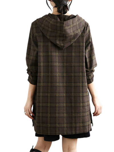 Women's Fashionable Look Plaid Hooded Loose Mid-Length Tops Shirts