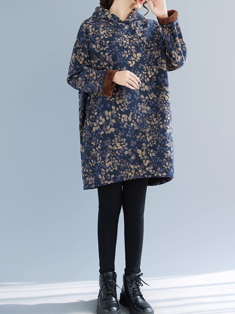 Oversized Floral Cotton Hoodie Dress, Cozy Hooded Tunic for Effortless Elegance