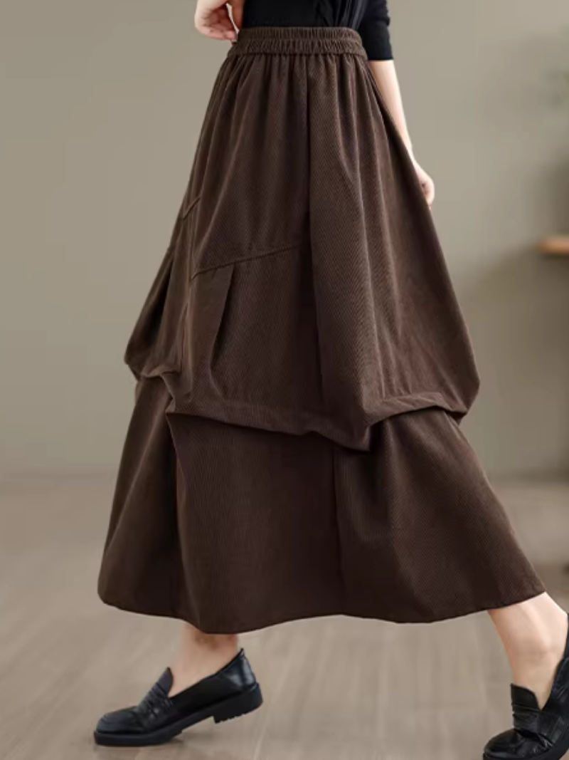 Artful Corduroy Skirt with Draped Layers and Elastic Waist Elegance