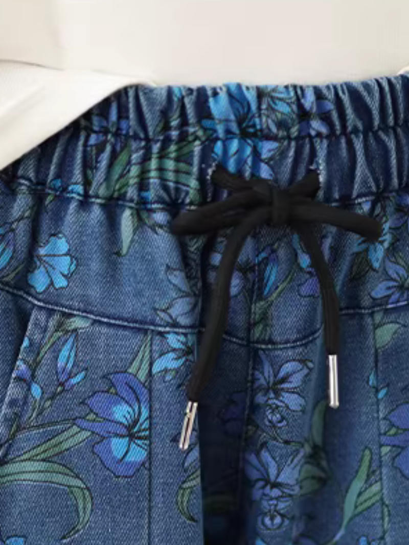 Floral Denim Cotton Wide-Leg Palazzo Pants with Drawstring Waist, Effortless Chic