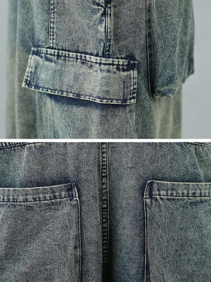 Relaxed Utility Denim Overalls with Cargo Pockets and Adjustable Straps for Women
