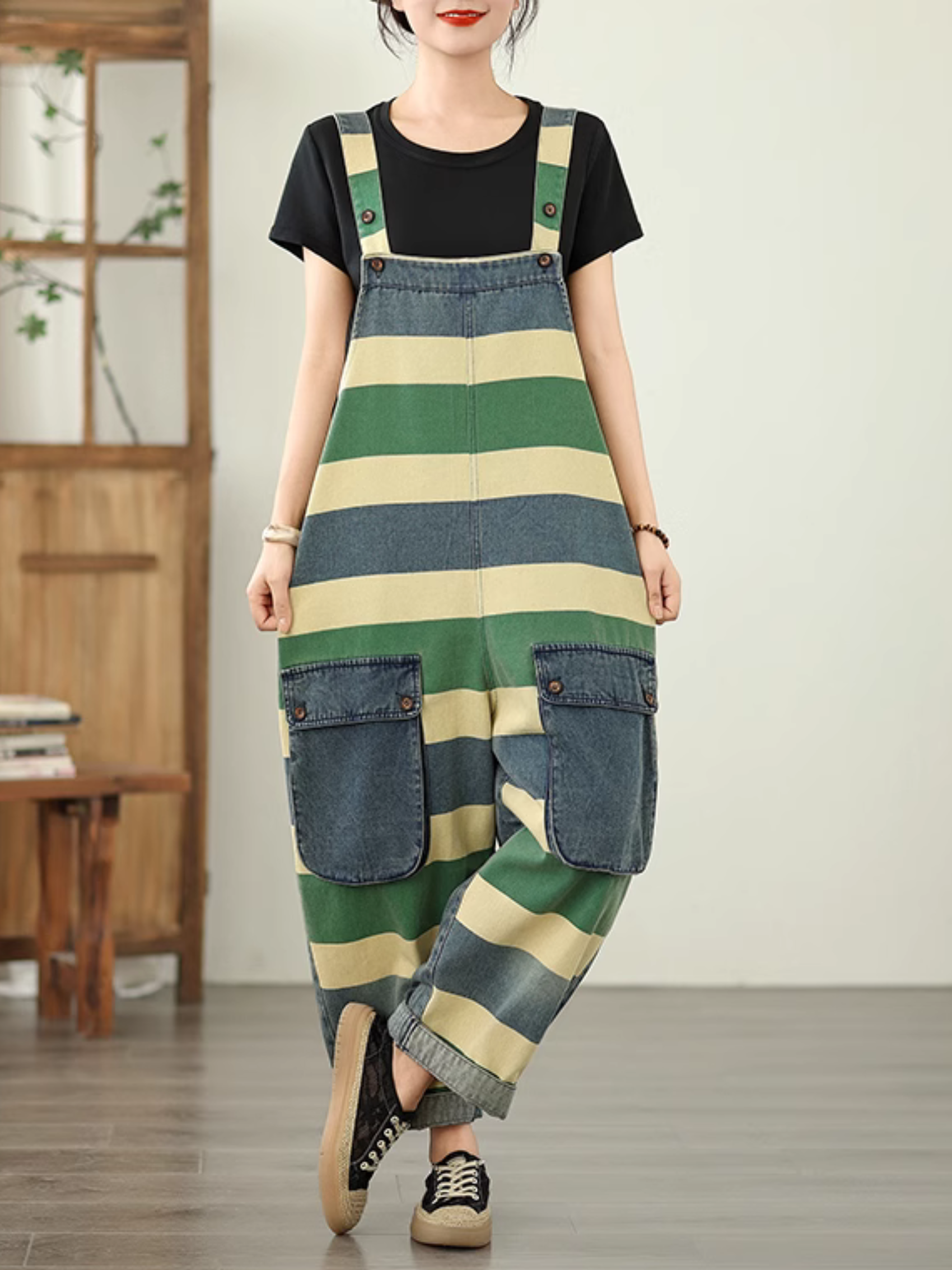  Women's Green striped denim overalls 