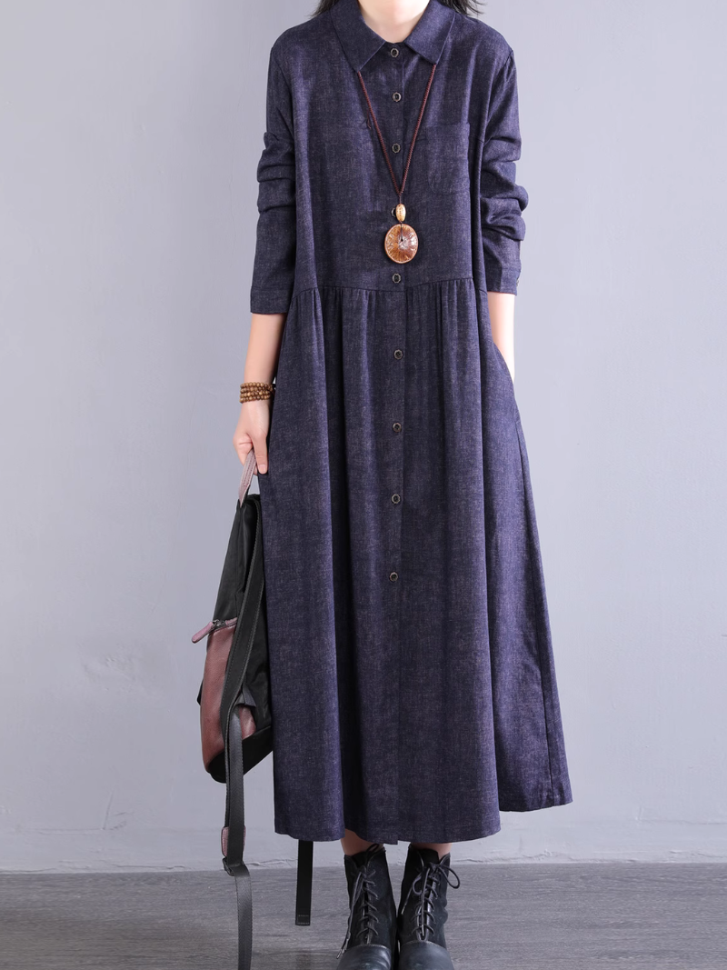 Robe chemise en coton coupe trapèze avec poches, midi à col 