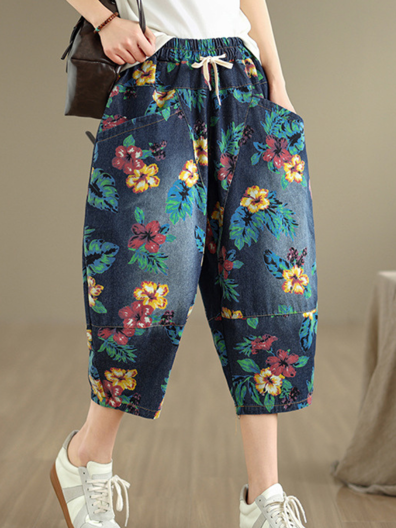 Chic Cotton Floral Harem Pants with Drawstring Waist and Oversized Pockets