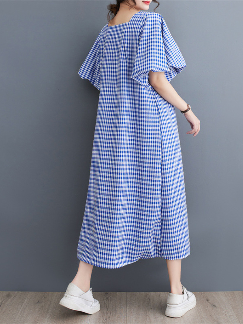 Women's Delightful Square Collar Plaid Loose A-line Dress