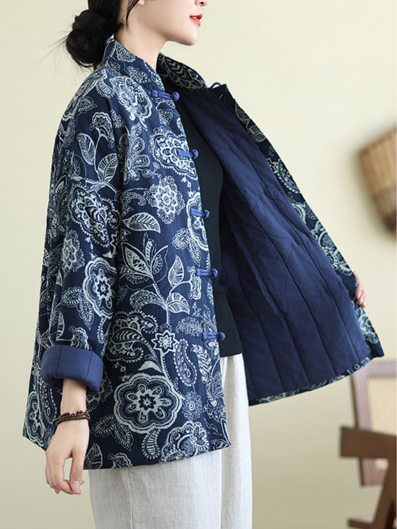 Mandarin-Collar Floral Jacket in Cotton&Flax, Elegant Heritage Layer for Evenings