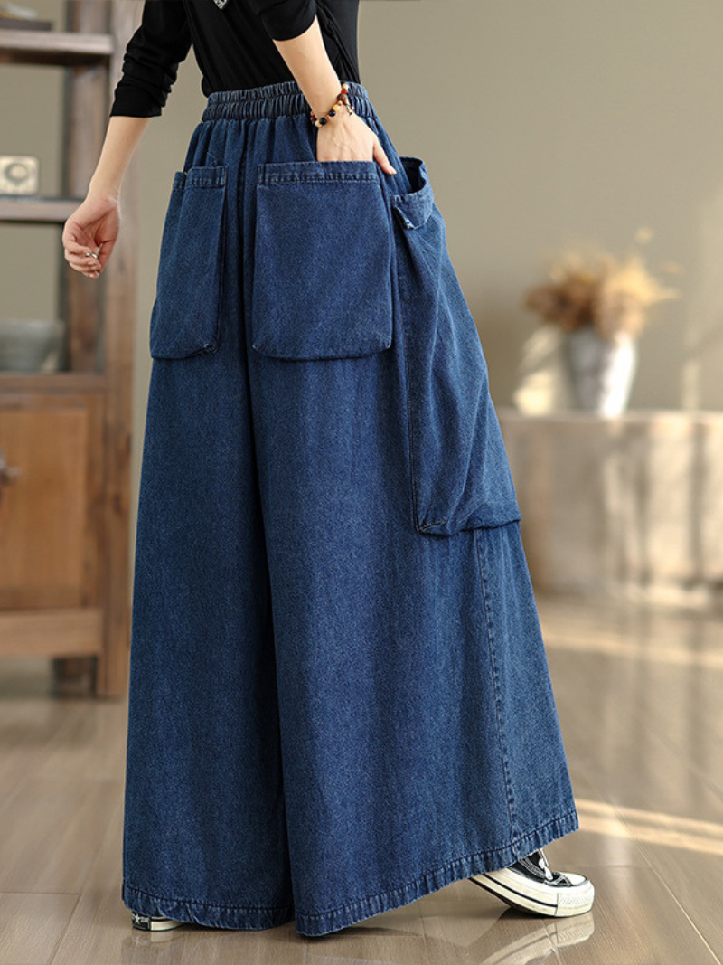 Artful Palazzo Wide-Leg Jeans in Relaxed Denim Cotton with Drawstring