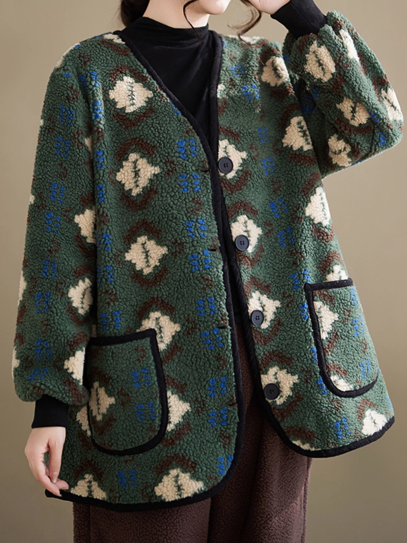 Artful Sherpa Fleece Coatigan, Oversized Buttoned Jacket with Patch Pockets