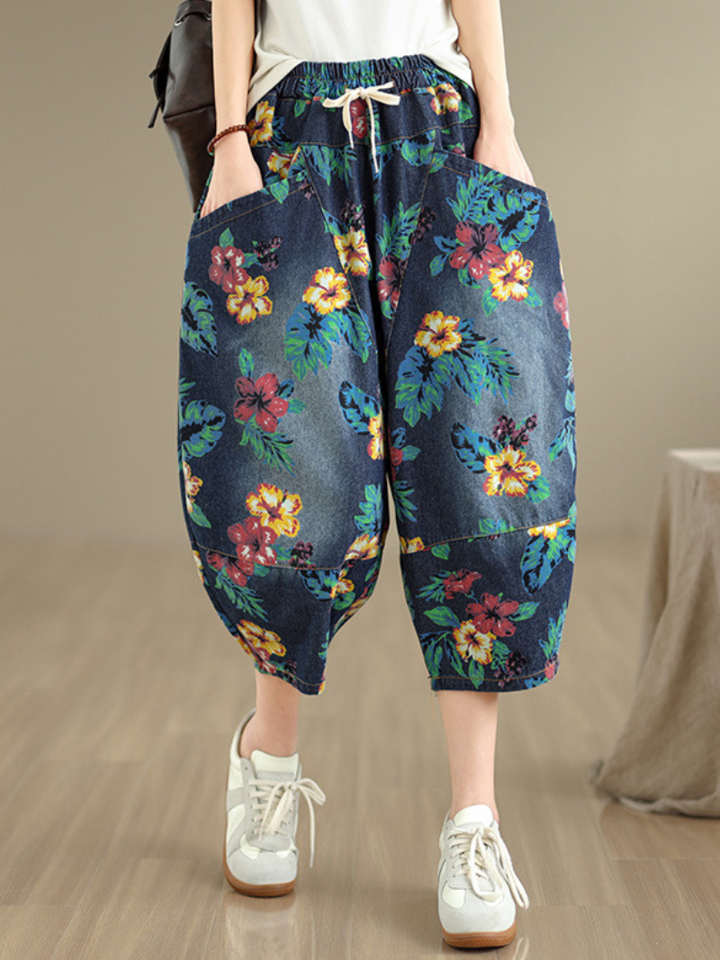 Chic Cotton Floral Harem Pants with Drawstring Waist and Oversized Pockets