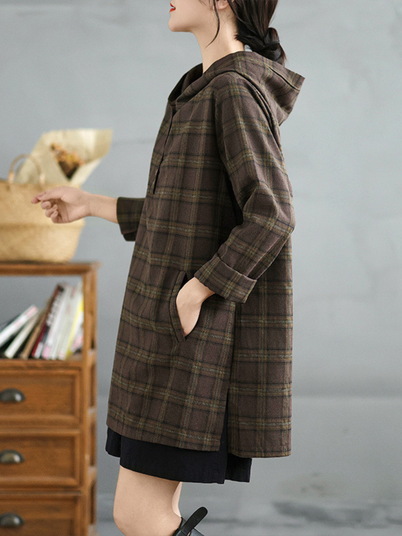 Look à la mode des femmes Plaid Hooded Loose Mid-Long Tops Shirts