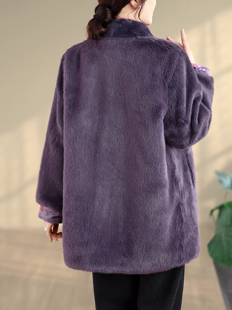 Elegant Mandarin-Collar Faux Fur Winter Coat in Imitation Mink Velvet