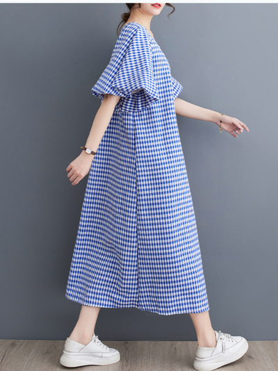 Women's Delightful Square Collar Plaid Loose A-line Dress