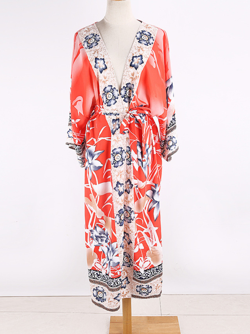 Partywear Floral Print Long Length Orange Color Cotton Gown Robe Kimono