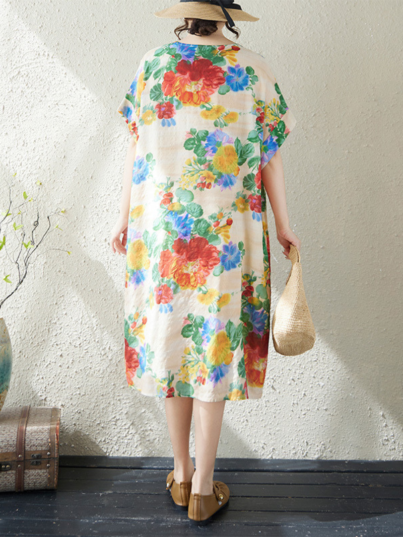 Floral Relaxed Shift Linen Dress in Airy Cotton Linen Blend
