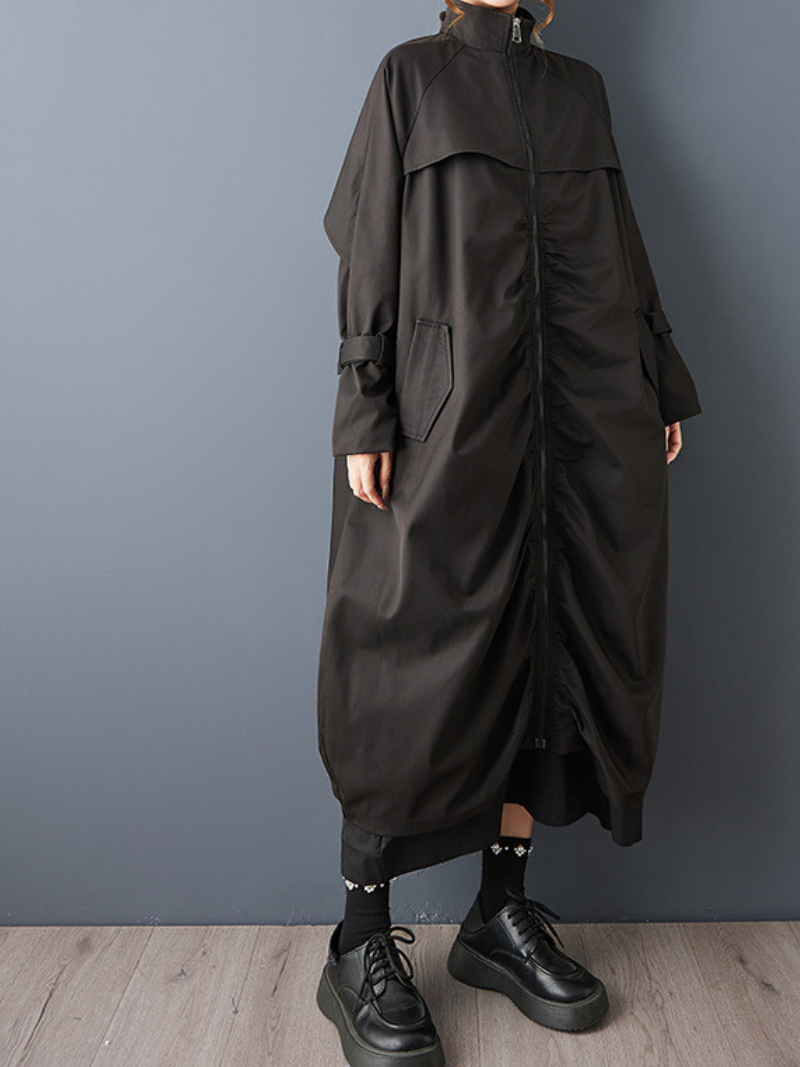 Avant-Garde Maxi Cocoon Coat with Zip Front, Minimal Oversized Silhouette