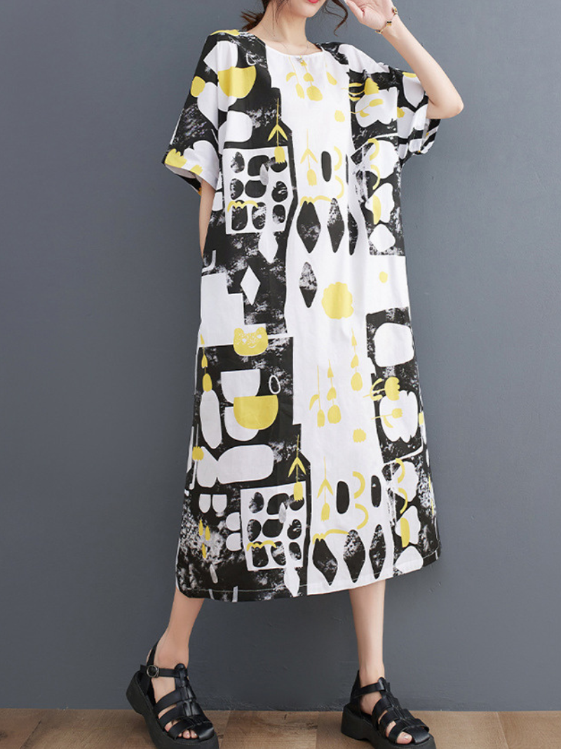 Abstract Print Rayon Midi Dress with Pockets, Chic Summer Style