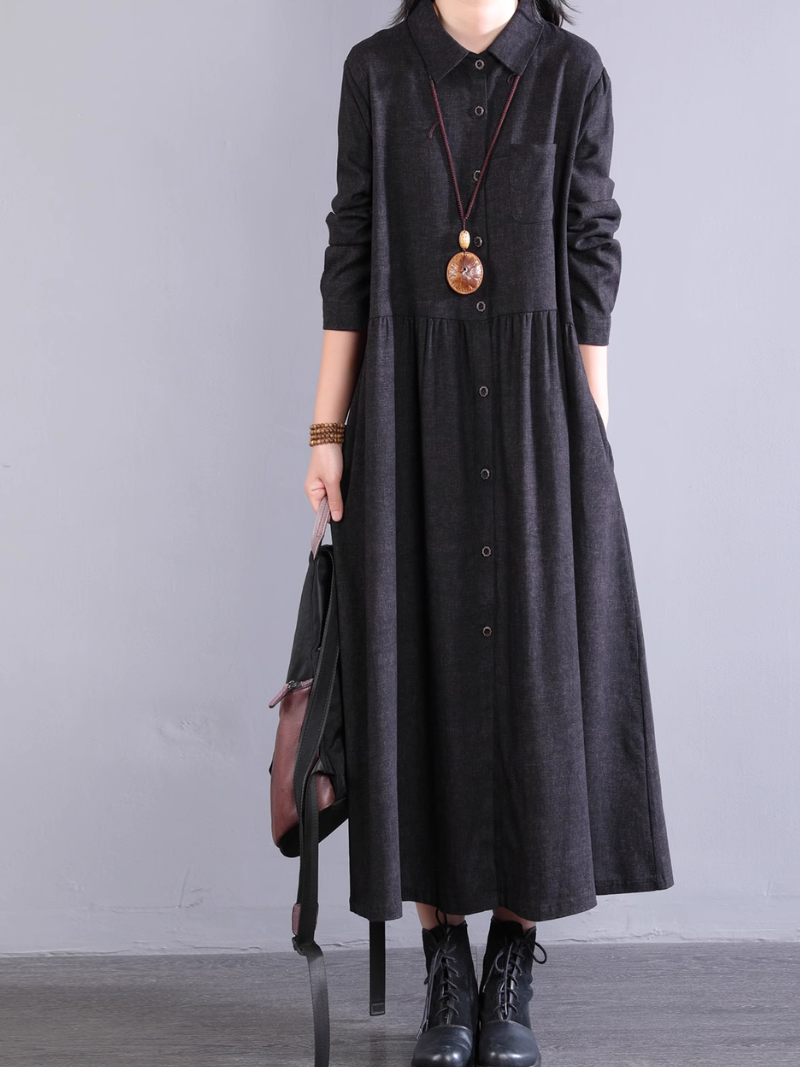 Robe chemise en coton coupe trapèze avec poches, midi à col 