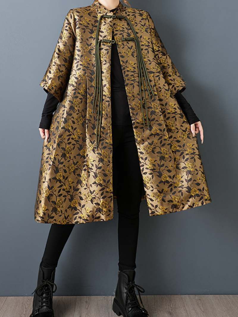 Lustrous Jacquard Satin Floral Cape Jacket with Mandarin Collar Elegance