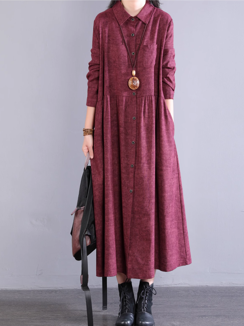 Robe chemise en coton coupe trapèze avec poches, midi à col 