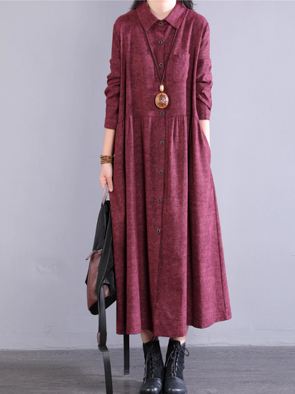 Cotton A-line Shirt Dress with Pockets, Collared Midi