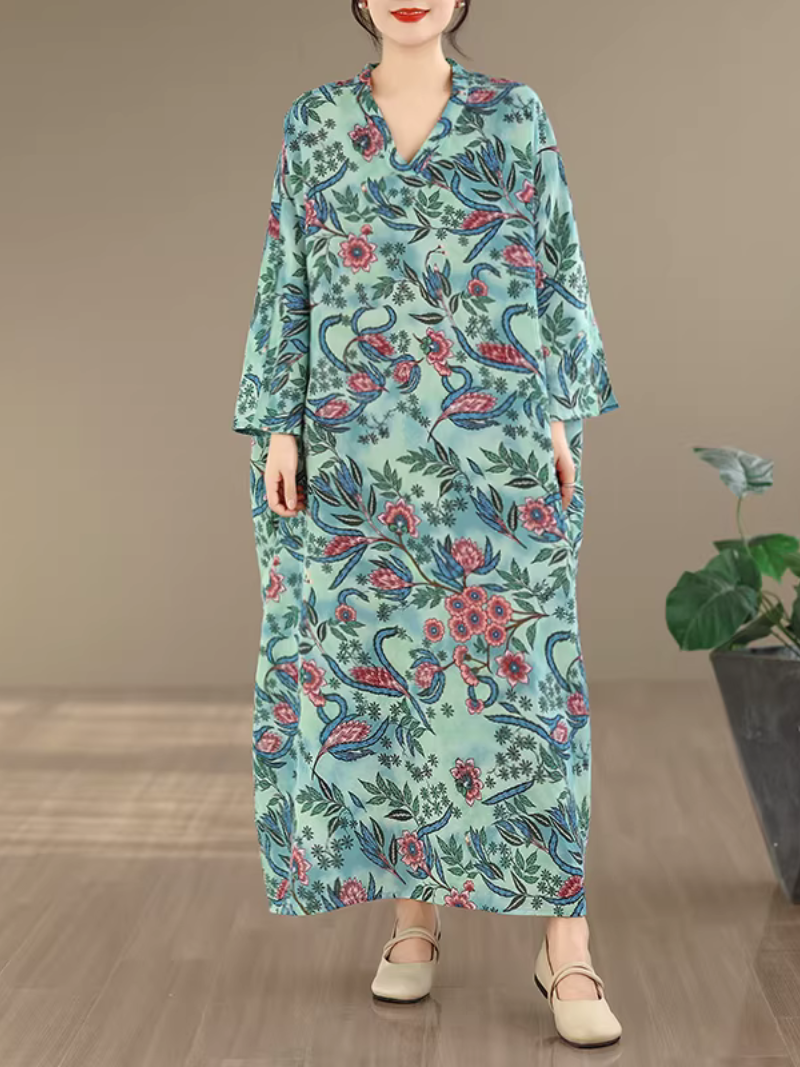 Botanical Print Viscose Kaftan Maxi Dress with Relaxed Elegance Silhouette