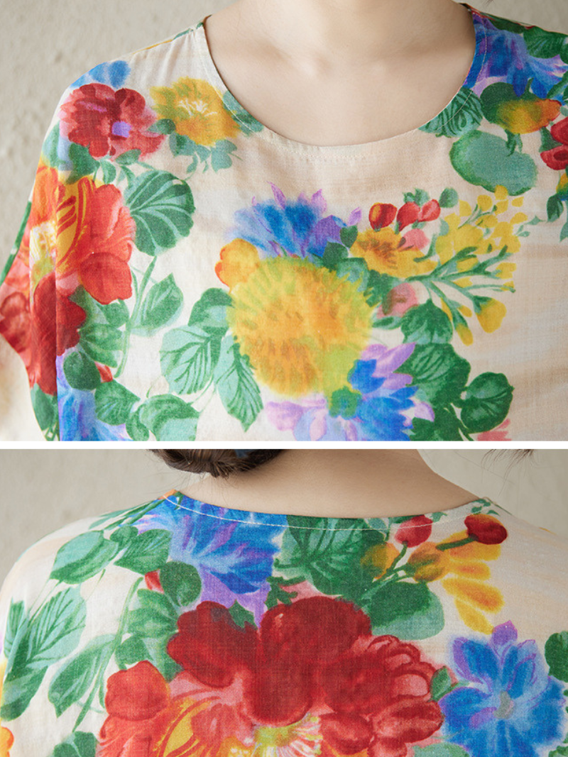 Floral Relaxed Shift Linen Dress in Airy Cotton Linen Blend