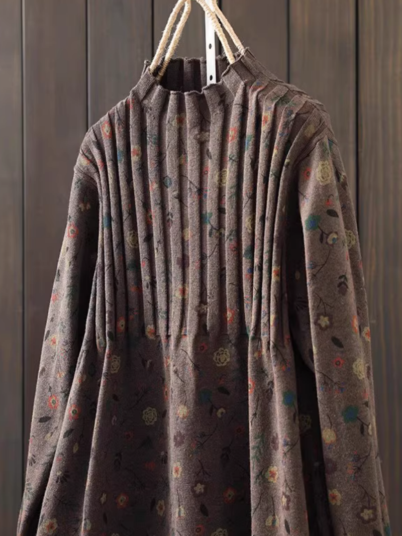 Ditsy Floral Pintuck Knit Sweater Dress, Mock Neck Cotton Blend Elegance