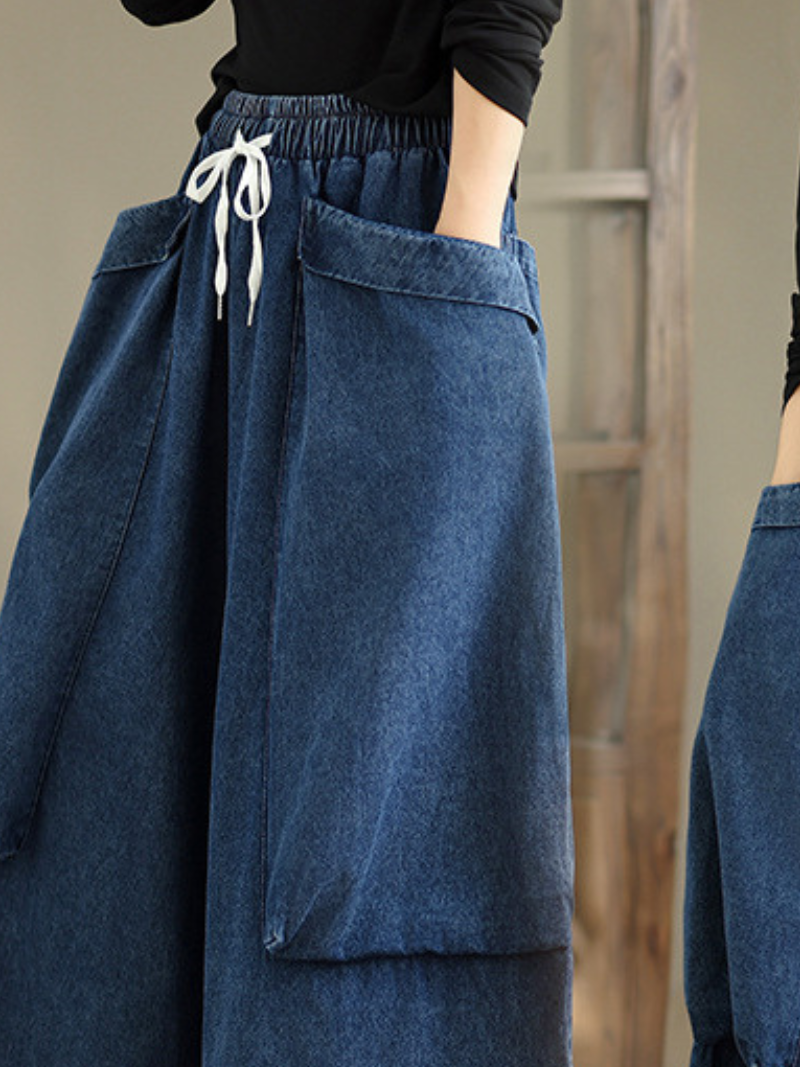 Artful Palazzo Wide-Leg Jeans in Relaxed Denim Cotton with Drawstring