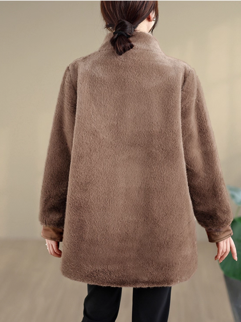 Elegant Mandarin-Collar Faux Fur Winter Coat in Imitation Mink Velvet