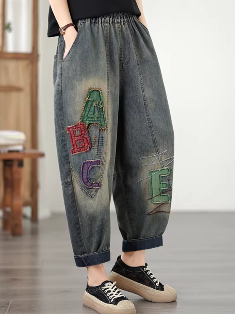 Chic Embroidered Harem Denim Pants with Elastic Waist, Women's Jeans