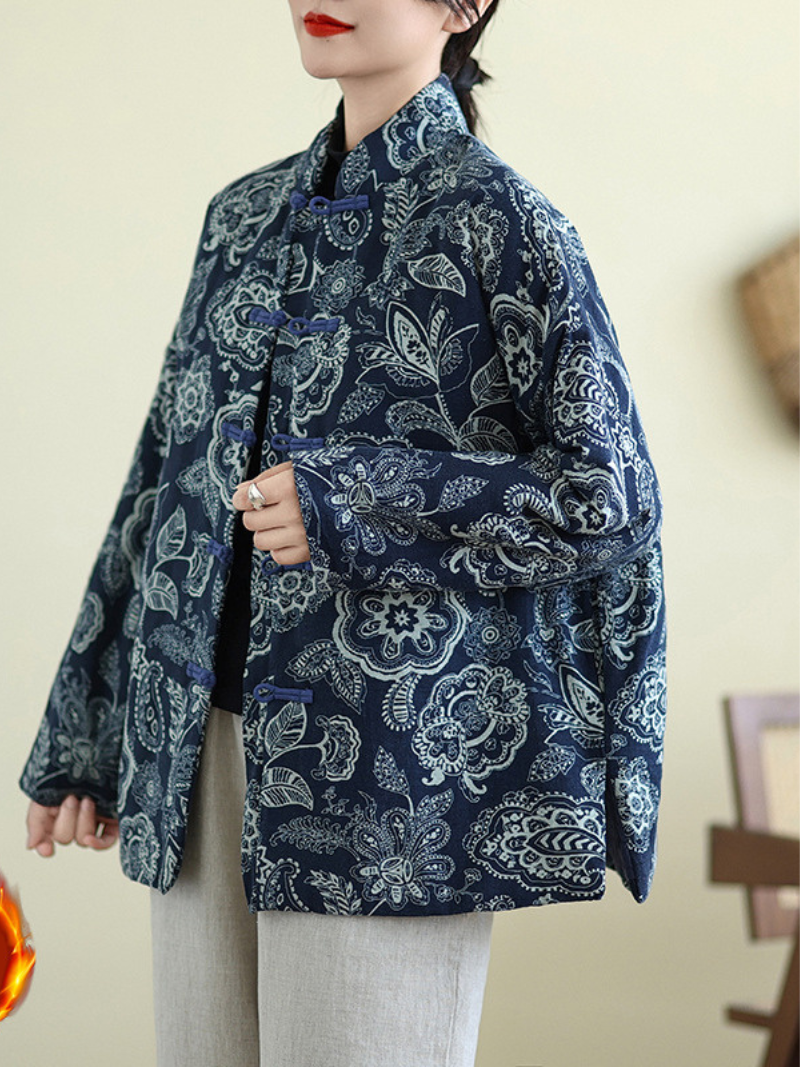 Mandarin-Collar Floral Jacket in Cotton&Flax, Elegant Heritage Layer for Evenings