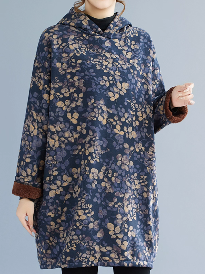 Oversized Floral Cotton Hoodie Dress, Cozy Hooded Tunic for Effortless Elegance