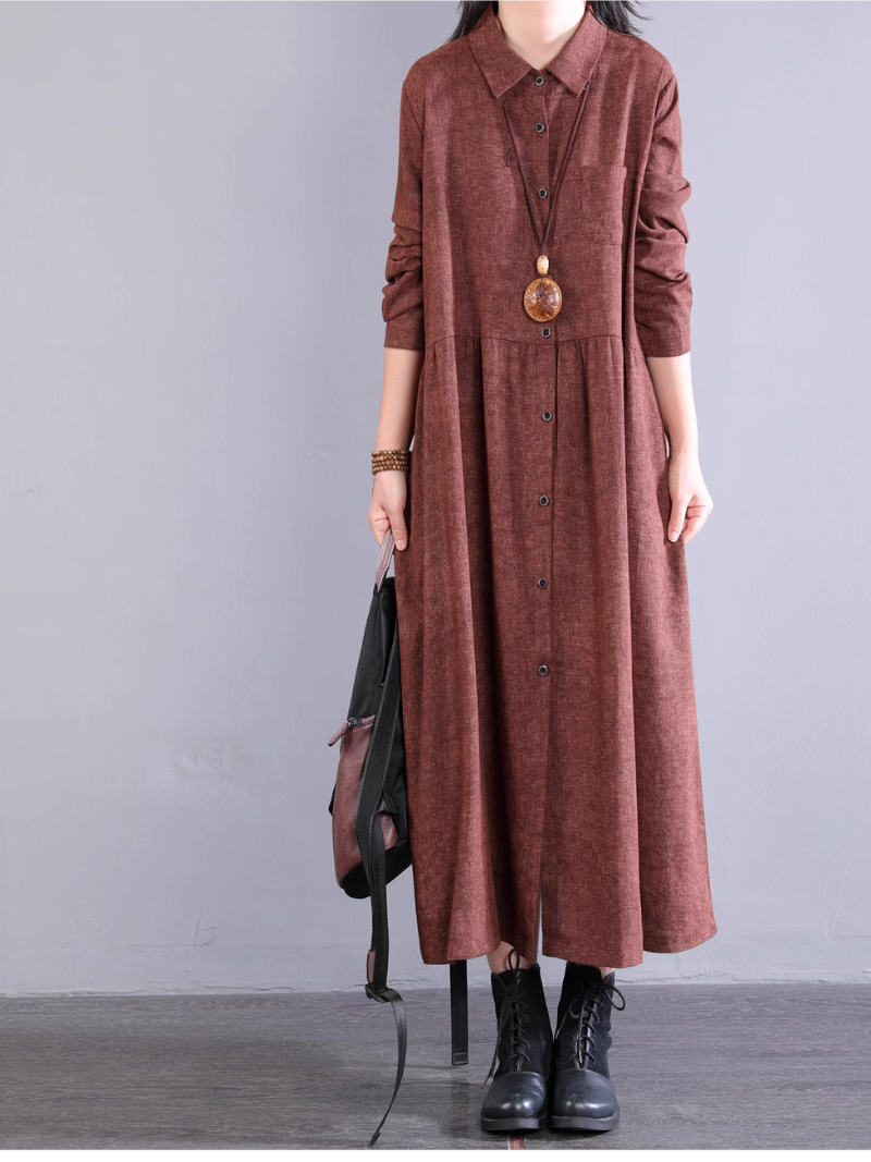 Robe chemise en coton coupe trapèze avec poches, midi à col 