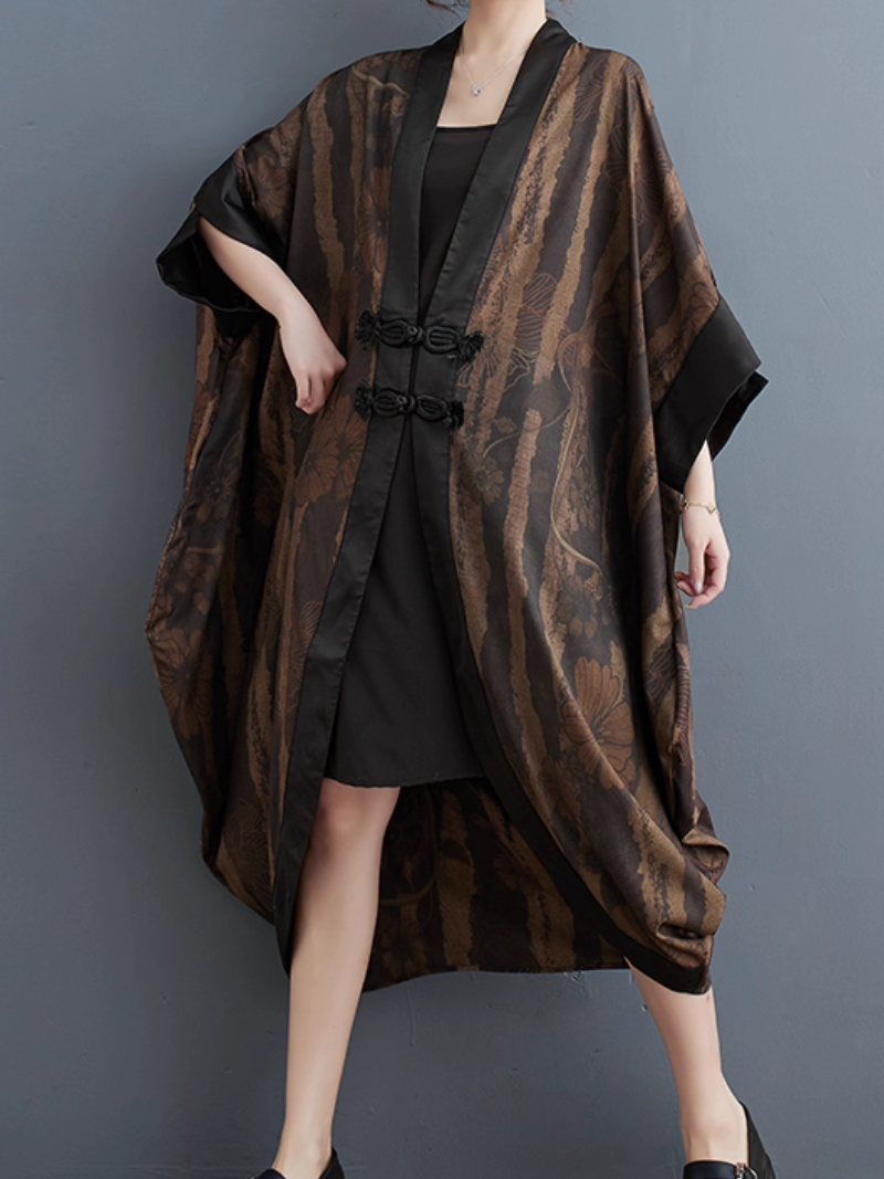 Artisanal Kimono Coat with Frog Closures, Oversized Cocoon Silhouette, Elegant Draped Layers